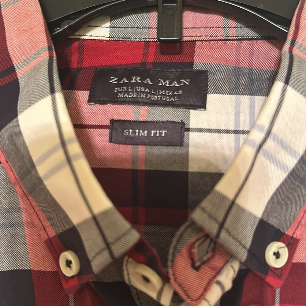 Zara Man Slim Fit Plaid Button Down Shirt Red Blue White Men's Size L - Picture 4 of 7